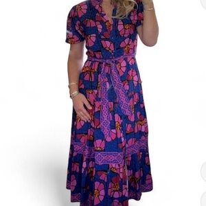 CELINA MOON Azure Multi Short Sleeve V-neck Maxi Dress